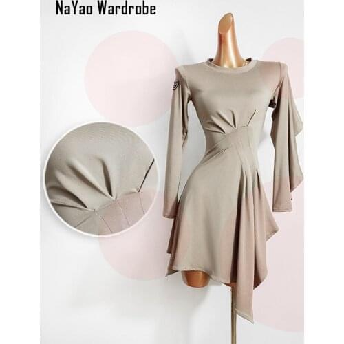 2020 New W624 Long Sleeve Wrinkle Design Latin Dance Dress Women Performance Costume Waltz Tango Fox Trot Latino Dancewear