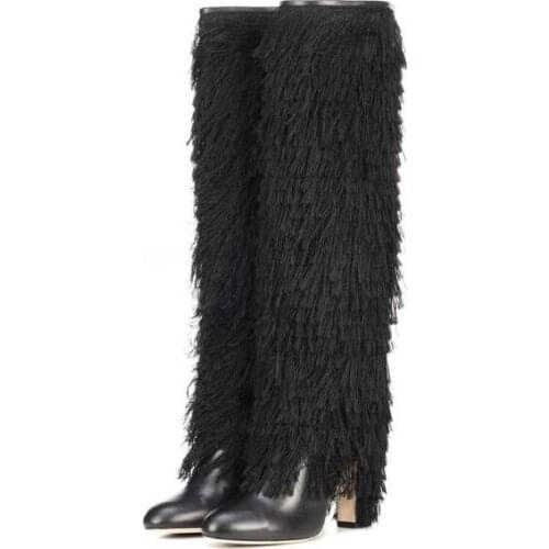 Drop Shipping New Brand Woman Solid Black Fur Fringed Tassel Slip On Round Toe Square Toe Knee High Long Leather Boots Lady