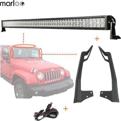 Marloo 288W 50 Inch Straight LED Light Bar With Harness Upper Windshield Mounts Brackets For 2007-2018 Jeep Wrangler JK