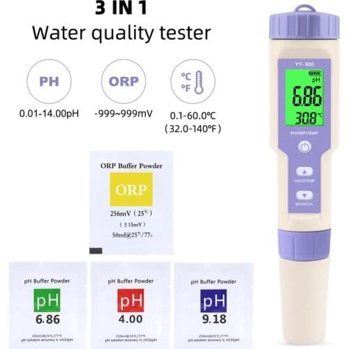 Yieryi Digital YY-600 PH/ORP/TEMP 3 In 1 test pen with PH&ORP calibration powder buffer powder PH water quality test meter