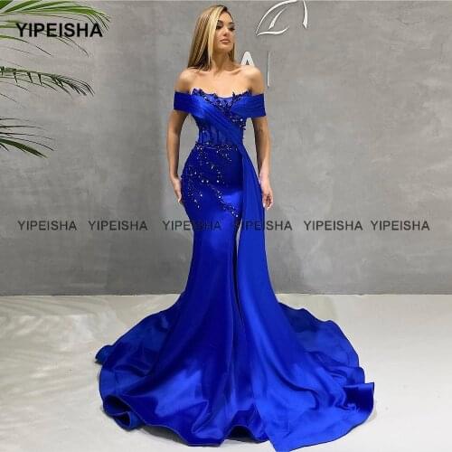 Yipeisha Royal Blue Mermaid Evening Dresses 2021 Fashion Off-shoulder Long Prom Gowns Satin Beaded Formal Party Dress