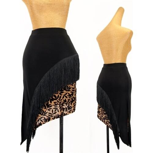 Latin Dance Skirt Women Irregular Practice Skirts Adult Cha Cha Rumba Fringe Latin Dance Training Clothes Black Skirt DNV15261