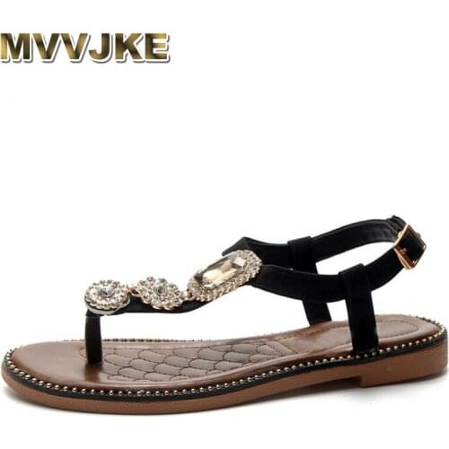 MVVJKE 2018 New Bohemian Women Sandals Crystal Flat Heel Sandalias Rhinestone Chain Women Shoes Thong Flip Flops Summer shoes