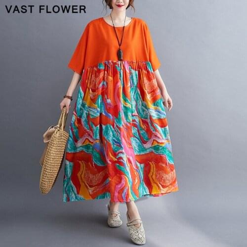 Cotton Linen Plus Size Vintage Print Women Dress Summer Short Sleeve Loose Casual Elegant Clothes Ladies Dresses Sundress 2021