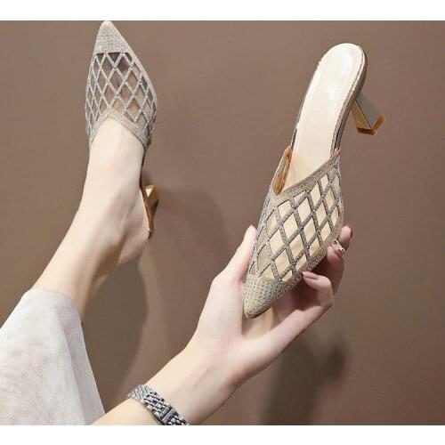 2021 Summer New Style Baotou Half Slippers Female Fashion Rhinestone Mesh Breathable Fairy High Heel Stiletto Sandals
