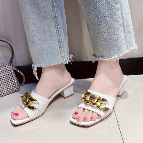 Women Slippers Square Toe Mid Heels Chain Decoration Fashion Woman Shoes Summer Sandals Outdoor Ladies Footwear 2021 Comfort