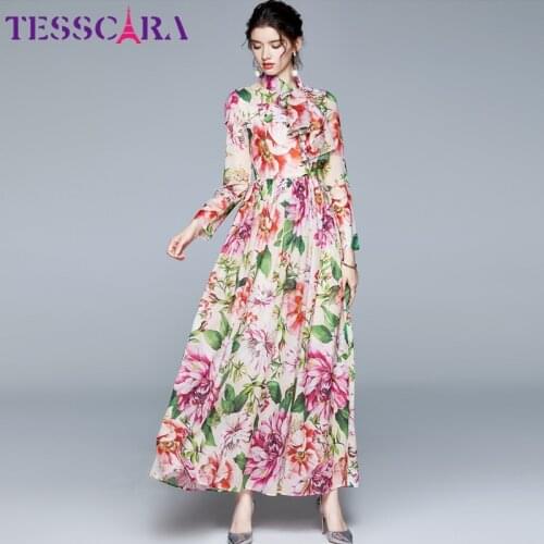 TESSCARA Women Long Maxi Elegant Chiffon Dress Festa High Quality Prairie Chic Party Robe Femme Vintage Designer Floral Vestidos