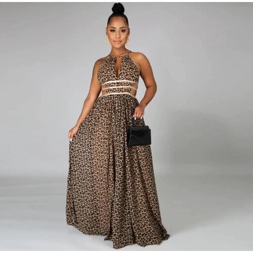 Adogirl Sexy Leopard Hollow Out Long Dress Halter Sleeveless Loose Pleated Maxi Vestidos Outdoor Fashion Robes Female