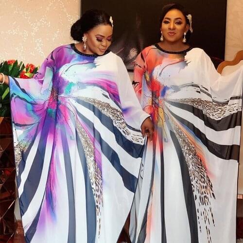 African Dresses for Women Chiffon Digital Print Hot Drill Dashiki Diamond African Clothes Abaya Dubai Muslim Dress Robe