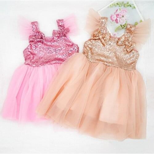 1-4Years Kids Baby Girls Dress Princess Lace Flare Sleeve Sequins Patchwork Birthday Baptism Dress For Girls Childrens Costume