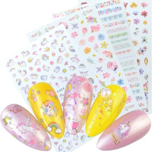 Unicorns Rainbow Heart Star Moon Mix Patterns Self Adhesive Sticker for Nails 3D Embossed Decal Manicure Decorations