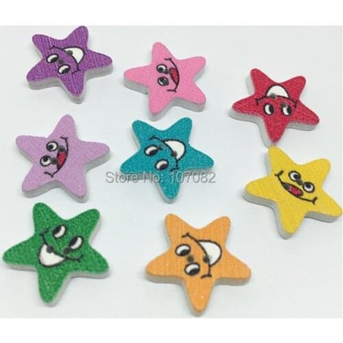 1000pcs Cute 16mm Mixed Star Shaped Wood Buttons With Smile Design Sewing Accessories Button Scrapbooking Embellishments