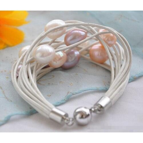 15strands 13mm white pink lavender rice Freshwater pearl white leather bracelet 8inch