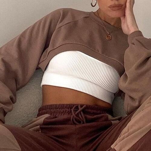 2021 Fashion Pullover Sweatshirt Women Long Sleeve Crew Neck Solid Loose Crop Top Streetwear Autumn Winter Casual Short Tops