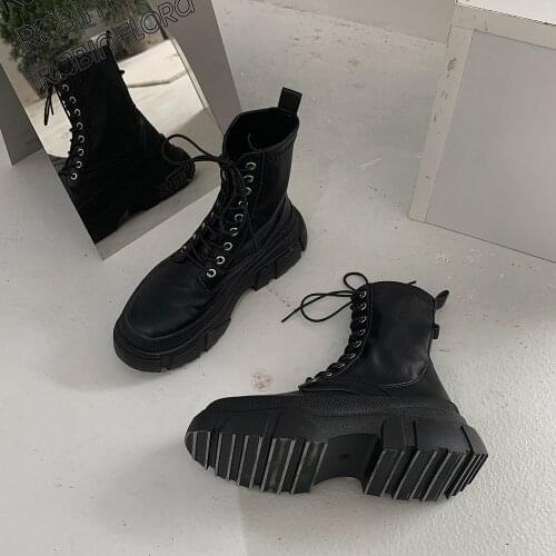2021 Winter Women Motorcycle Boots Fashion Ankle Boots Brand Chunky Platform Martin Boots Lace Up Womens Boots Gladiator Shoes
