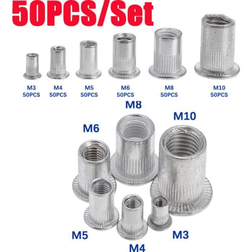 50Pcs Flat Head Rivet Nuts Set Aluminum Alloy Rivet Nuts M3 M4 M5 M6 M8 M10 Nuts Insert Riveting
