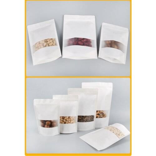 50Pcs White Kraft Paper Bags Stand Up Zipper/Zip Lock Candy Tea Dried Fruit Gift Packaging Moisture-proof Open Window Pouch