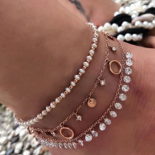HuaTang 3pcs Boho Shiny Crystal Anklet Bracelet Multilayer Sequin Strand Bead Elastic Foot Chain for Women Beach Jewelry 8616