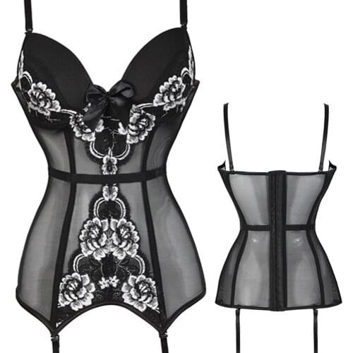 Black Corset Bustier Sexy Fashion Women Lingerie Bustier Boned Corset Top Girdle Waist Floral with Garter Plus Size Lingerie