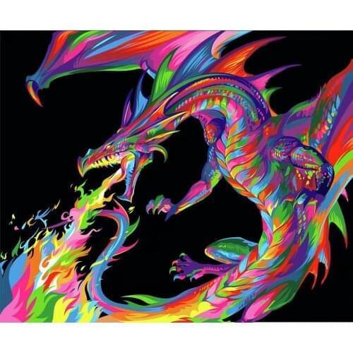 Diy Paint By Numbers,Dragon Graffiti Painting Brush Kits,16''x20'' Art Gifts Painting Colorful fire dragon Canvas Decor Home