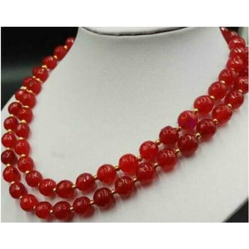 Long 32" 8mm Red Jade Round Gemstone Beads Necklace