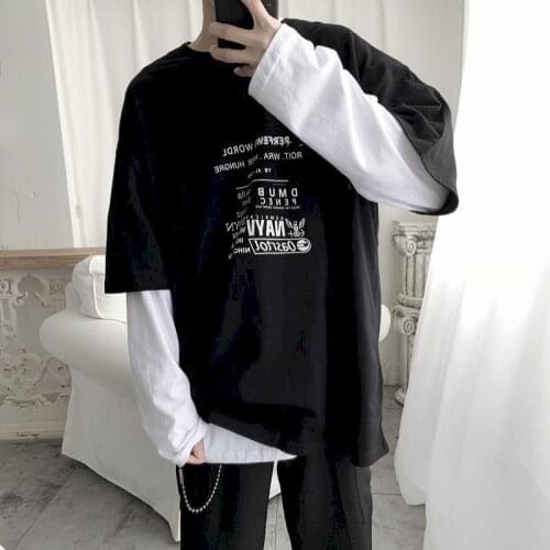 Hong Kong Style Tshirt Women T Shirt Men Goth Punk Clothes Dark Funeral Letters Autumn Fake Two-piece Long-sleeved T-shirt Tops