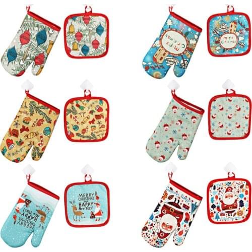 JQSYRISE 2Pcs/Set Christmas Baking Anti-Hot Gloves Oven Microwave Insulation Mat New Year Xmas Party Kitchen BBQ Home Supplies