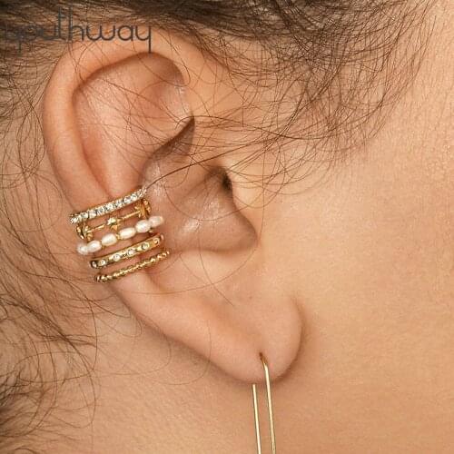 Wide Multilayer Natural pearl earcuffs without hole single Ear Cuff Pentagram Rhinestone no piercing clip on earrings