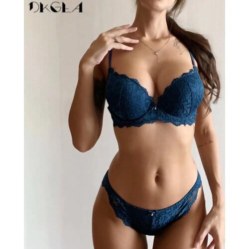 Embroidery Sexy Underwear Set Lace Blue Brassiere A B C Cup Thick Cotton Women Push Up Bra and Panties Set Brand Lingerie Deep V