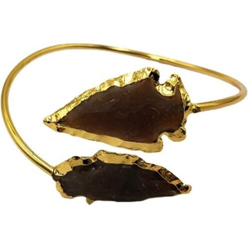Brown-Jades Arrowhead Cuff Bracelet with Gold Electroplating Statement Adjustable bangle double black arrow a gate design