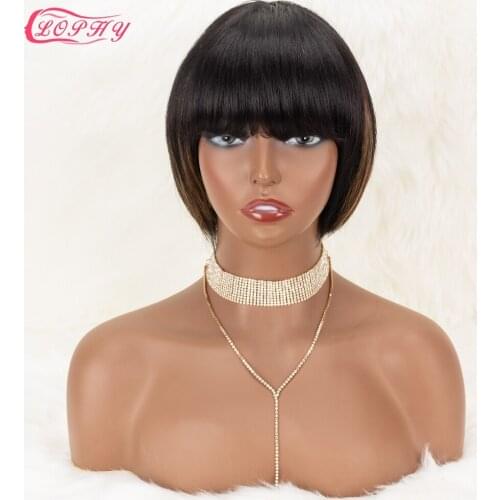 Short Bob Human Hair Wigs With Bangs Pixie Cut Bob Human Hair Wig Full Machine Made Ombre Blonde Burgundy Wigs For Black Women