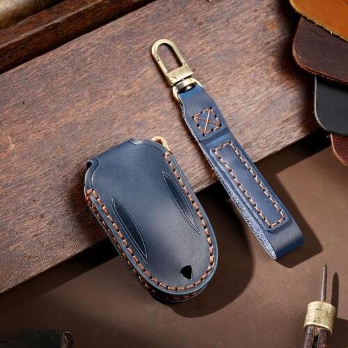Handmade Leather Car Key Case Cover For Tesla Model X Key Holder Cover Protect Accessories