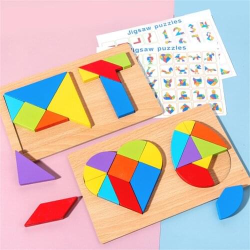 Montessori Wooden Tangram Jigsaw Puzzle Colorful Square IQ Game Brain Teaser Intelligent Educational Toys For Kids