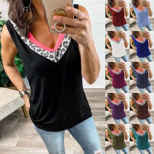 New 2021 Summer Women Fashion Leopard Patchwork V-neck Vest Sleeveless Casual Tops Ladies Tank Tops T-Shirts S-5XL