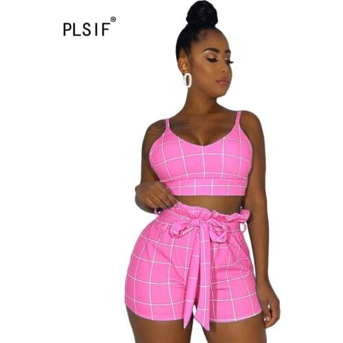 New style plaid spliced fashion shorts outfit lady spaghetti strap bra top + ruffles shorts 2 piece set sweet sexy suit