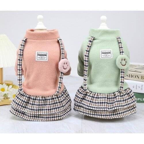 Pet Clothes Dog Dresses for Small Dogs Chihuahua Smiling Face Cotton Skirt Teddy Strap Coat Pomeranian Lattice Fluffy Skirt