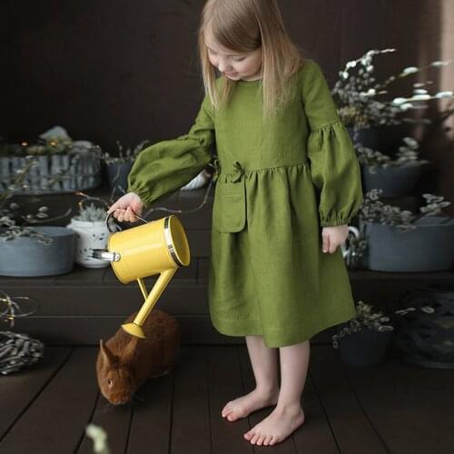 Girls' cotton and linen dress 2020 autumn new childrens Korean style bow long sleeve pocket princess dress TZ44