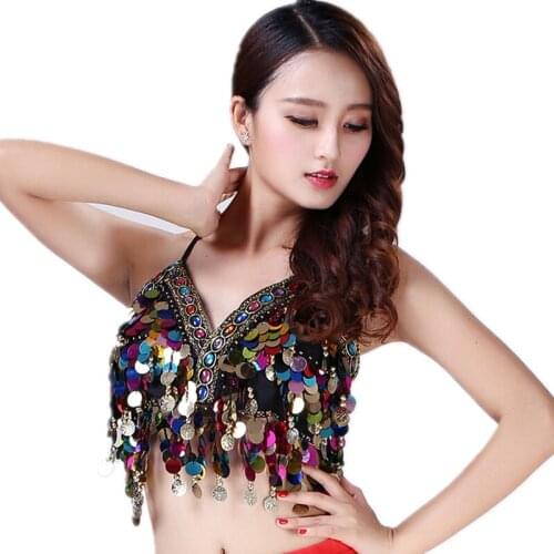 Sequined Colorful Bra Womens Latin Belly Dance Costume Bra Top With Chest Halter V-Neck Backless Sequin Tassel Belly Dance