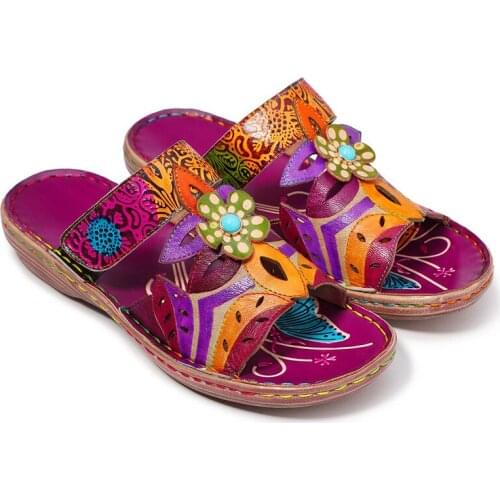 Retro Woman Slippers Elegance Vintage Printing Colorblock Flowers Pattern Stitching Genuine Leather Adjustable 3-4CM Women Shoes