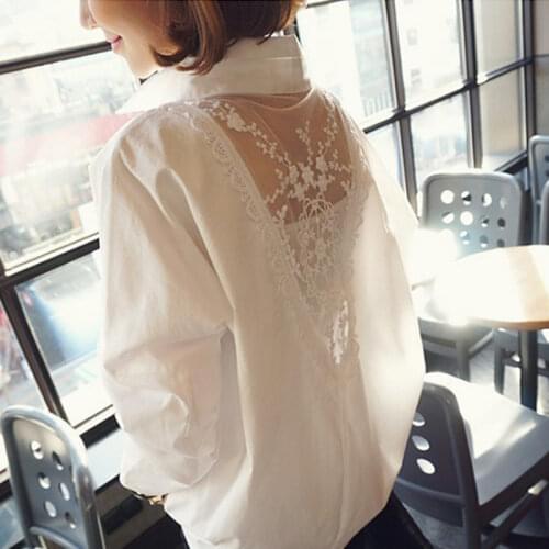 Spring Women Lace Stitching Cotton Shirt Long-sleeved Back Hollow Out White Ladies Blouse