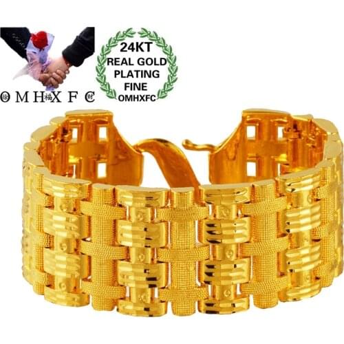 OMHXFC Jewelry Wholesale BE439 European Fashion Fine Man Party Birthday Wedding Gift Wide Watch Chain 24KT Gold Bracelet Bangle