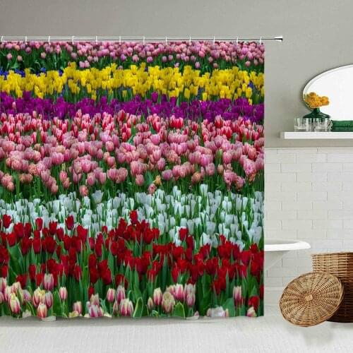 Tulip Flower Blooming Scenery Shower Curtain Lavender Floral Rural Natural Landscape Home Bathroom With Hook Waterproof Screen