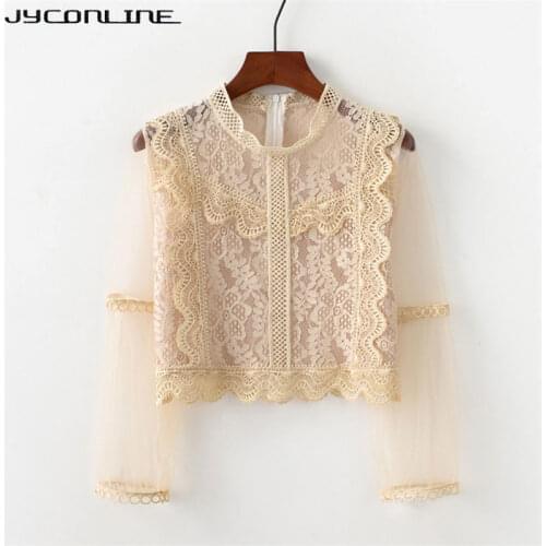 JYConline Lace Floral Crop Blouse Shirt Women Tops Long Sleeve Mesh Blouses Sexy White Lace Blouse Shirt Back Zipper Crop Tops