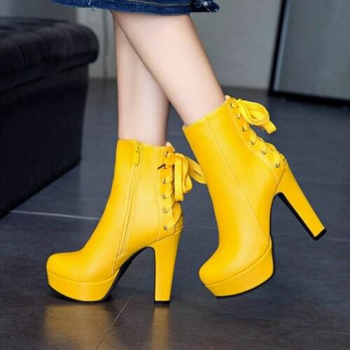 2020 Platform Square High Heel Women Ankle Boots Fashion Cross Tied Zipper Women Ankle Boots Autumn Winter Shoes Big Size 34-43