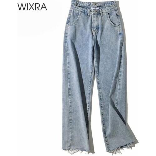 Wixra Womens Demin Pants Design Hollow Out High Waist Straight Jeans Womens Street Style Button Zipper Ladies Spring Autumn