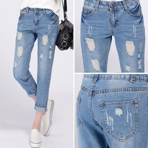 Women jeans plus size fashion spring summer casual denim jeans ripped ankle length pants high waist women straight pants,LB1986