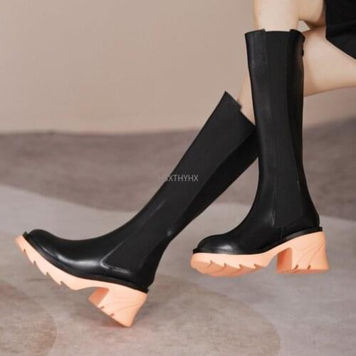 2022 NEW High-heeled Thick-heeled Womens Boots, Knee-length Round Toe, Casual Thick-soled Large Size Ladies Elastic Boots