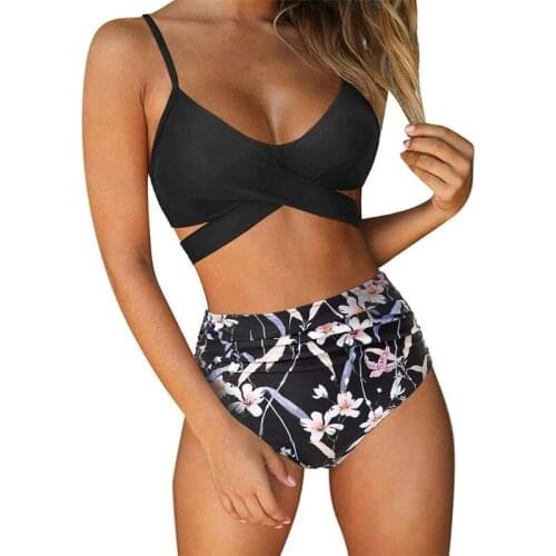 Womens Sexy 2pcs Bikini Set Ruched Cross Wrap Tie Back Swimsuit High Waist Tummy Control Gradient Colorful Bathing Suit