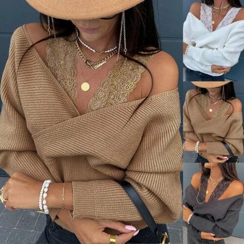 2020 Plus Size Sexy Women Sweater Vest Long Sleeve Off Shoulder Lace Strap Jumpers Autumn Winter Knit Sweater Vest Streetwear