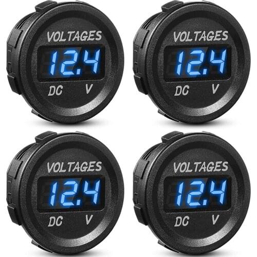 4 Pieces DC 12V Car Voltage Gauge LED Display Waterproof Voltmeter Digital Round Panel Voltmeter Compatible with Vehicle